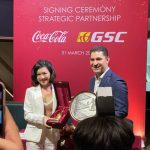 (Left) Ms. Koh Mei Lee, the Chief Executive Officer of Golden Screen Cinemas (Right) Mr. Louis Balat Joseph, Chief Executive Officer of the Bottling Investments Group of Singapore, Malaysia, and Brunei