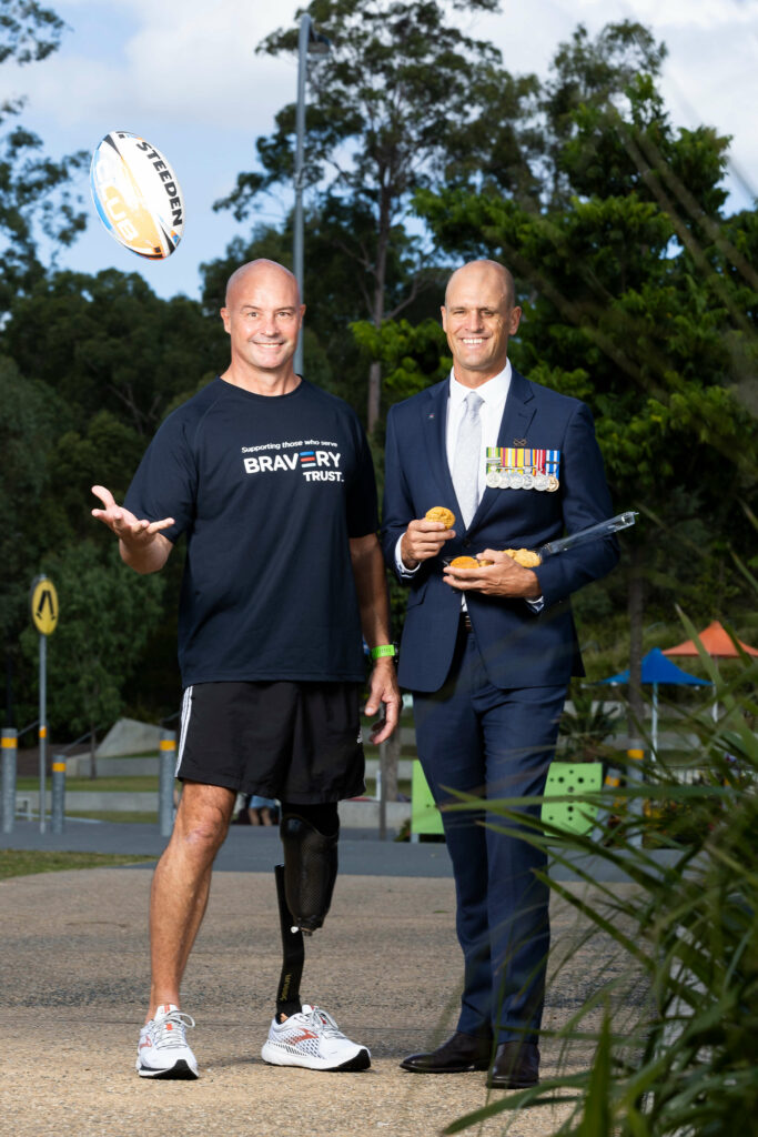 Australian Wheelchair NRL player Pete Arbuckle & Bravery Trust Chair Lt. Colonel Garth Callender supporting the Coles Bravery Trust appeal