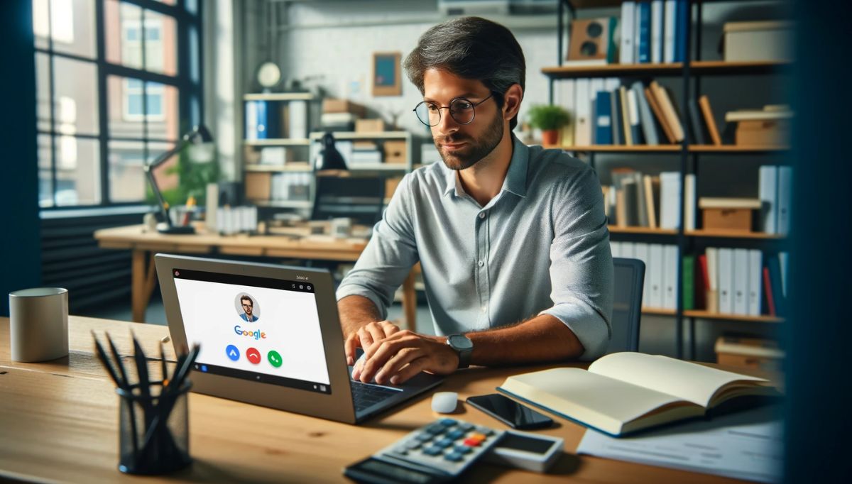 a person having a video call on his laptop